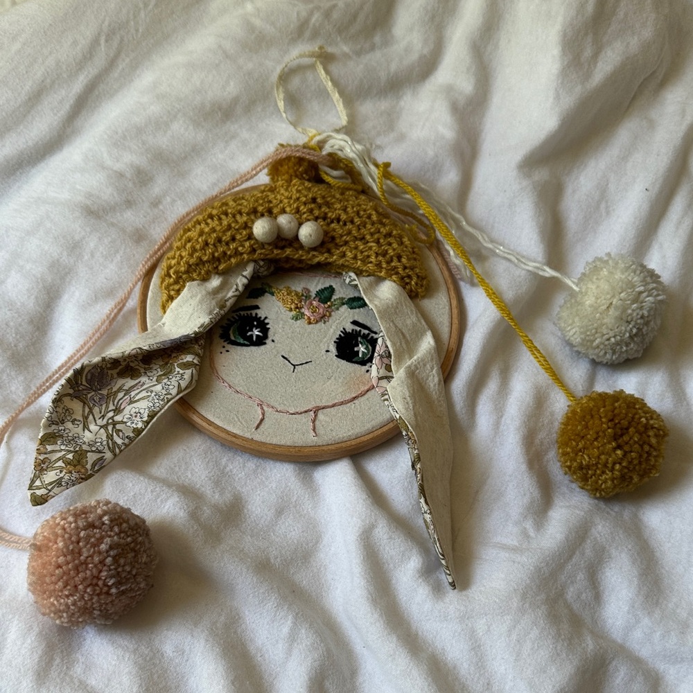 Handcrafted Bunny Wall Hanging with Pom Poms